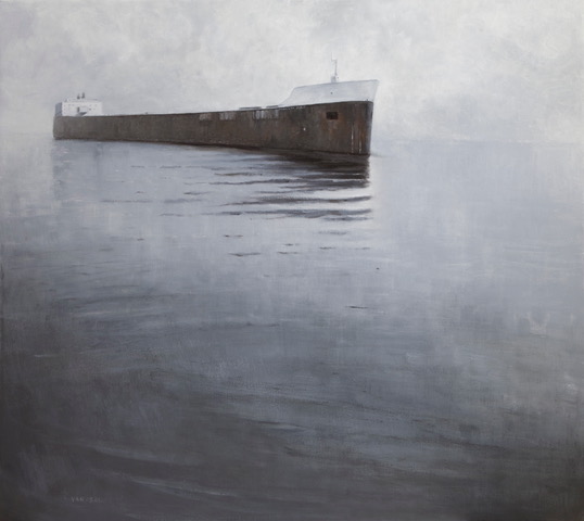 Oil painting of a Great Lakes freighter traveling toward the viewer. The gray waters of Lake Superior and sky almost mask the horizon line.